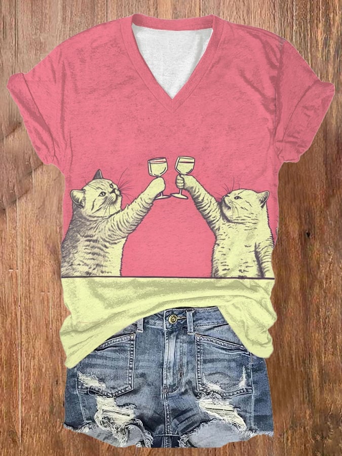 Women's Color Funny Cats Art Print V-Neck Casual T-Shirt