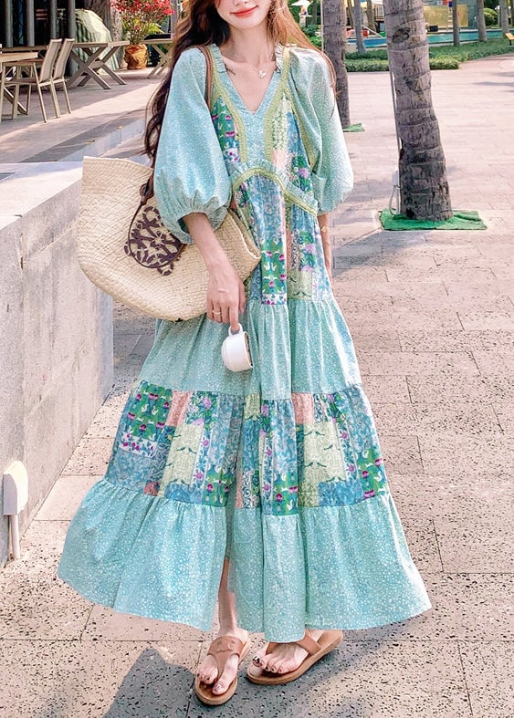 Bohemian Blue Print Side Open Patchwork Cotton Maxi Dresses Half Sleeve