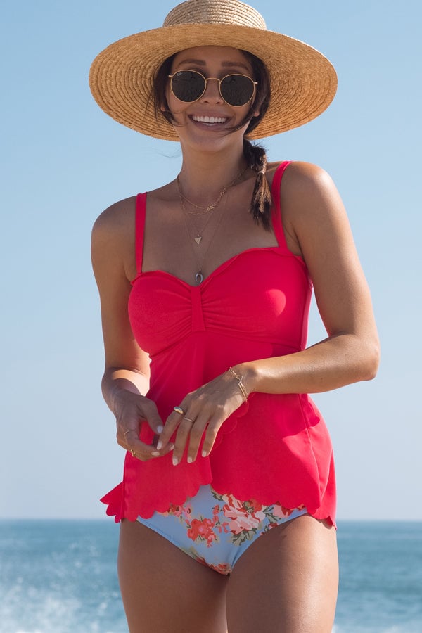 Scalloped Hem Cute Asymmetric Floral Print Tankini Set