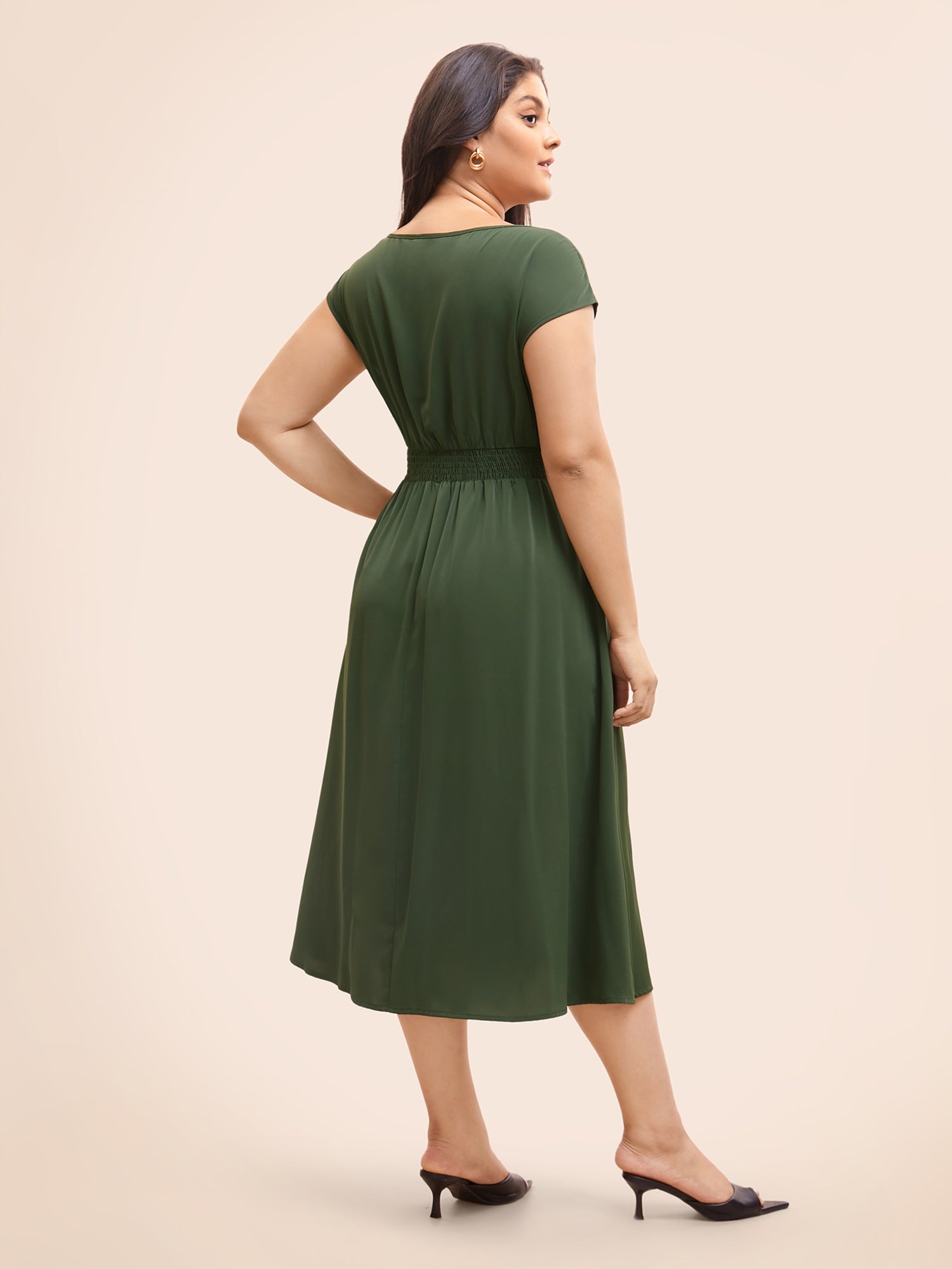 Plain Pleated Shirred Cap Sleeve Dress