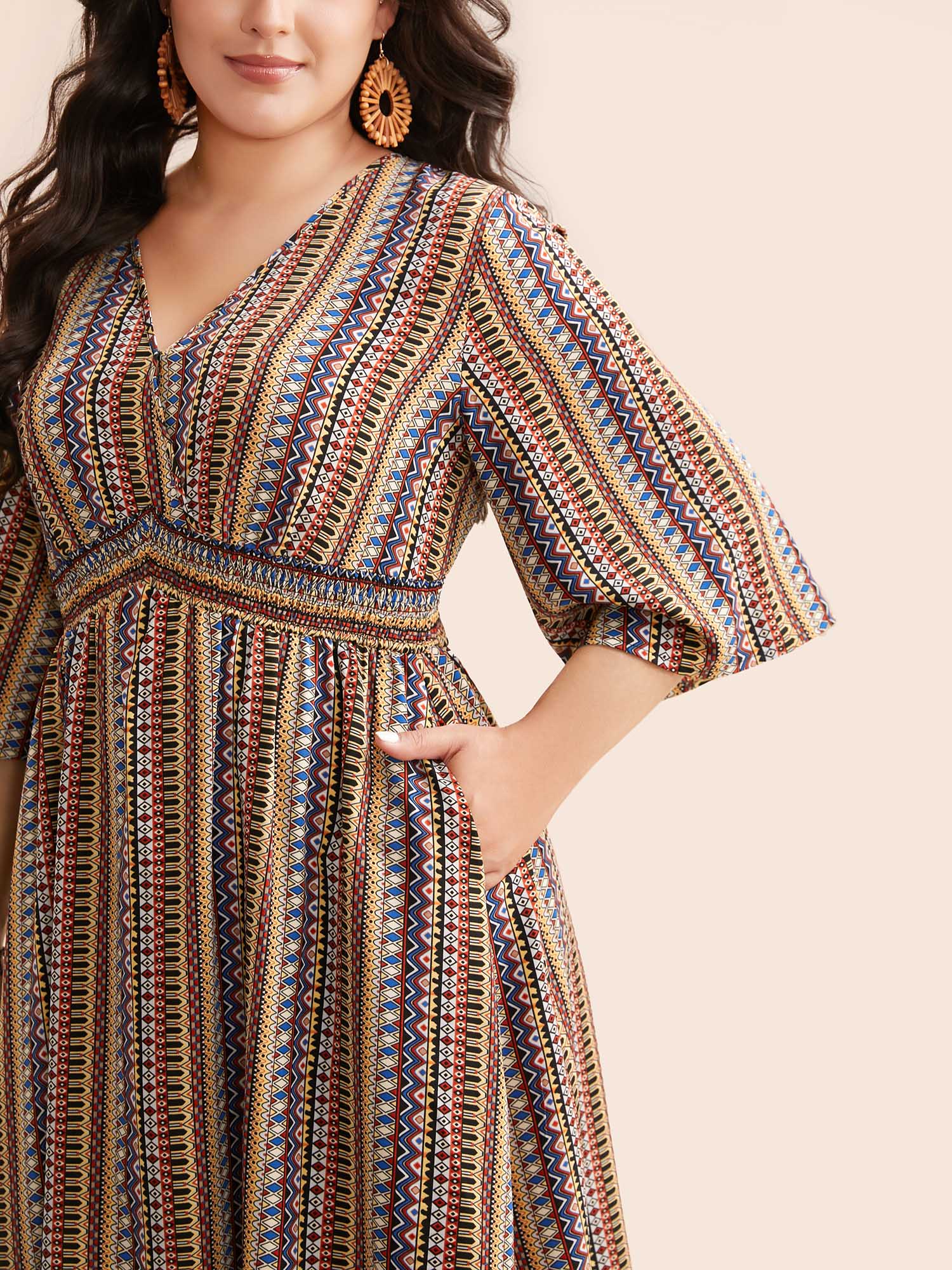 Bandana Striped Shirred Split Hem Dress