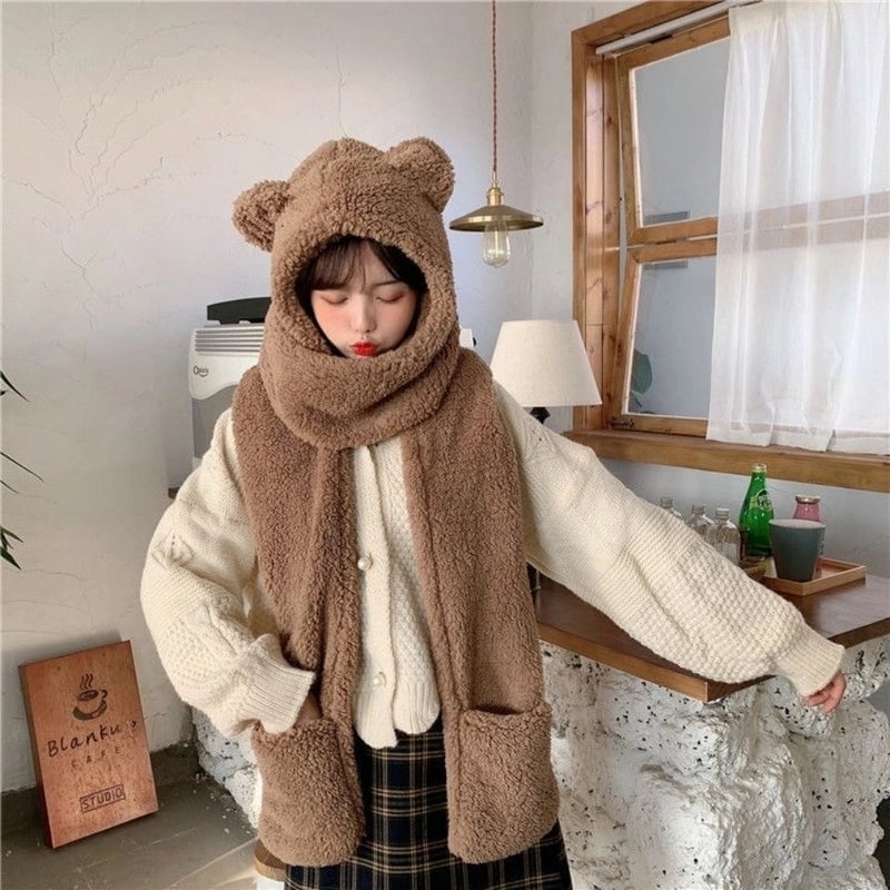 Autumn And Winter Lamb Velvet Padded Cute Bear Ears Hat Scarf Warm Scarf One-piece Warm Rabbit Hat