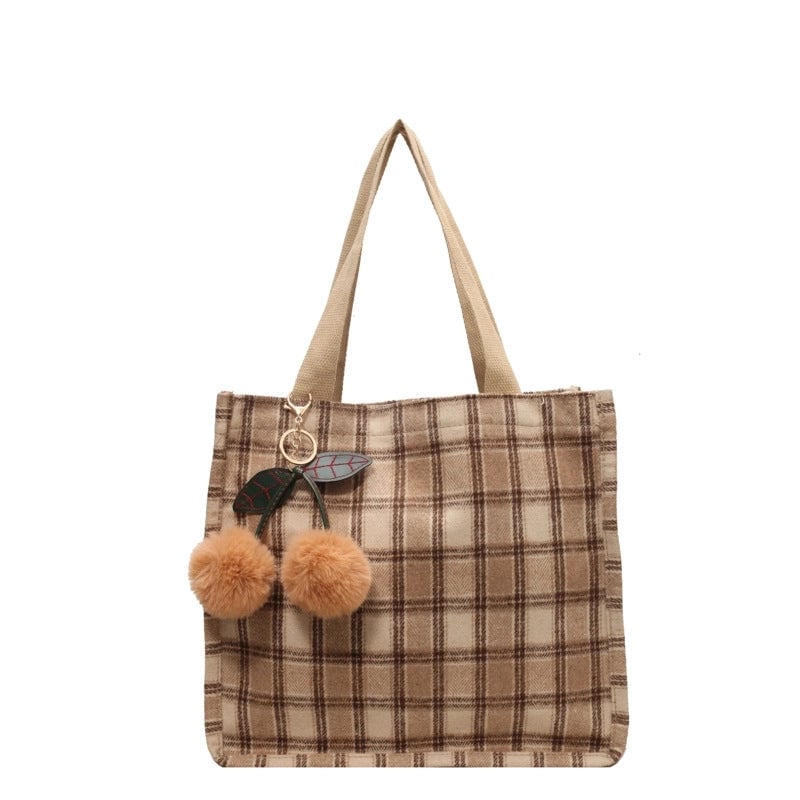 Women's Large Woolen Lattice Elegant Streetwear Square Open Tote Bag