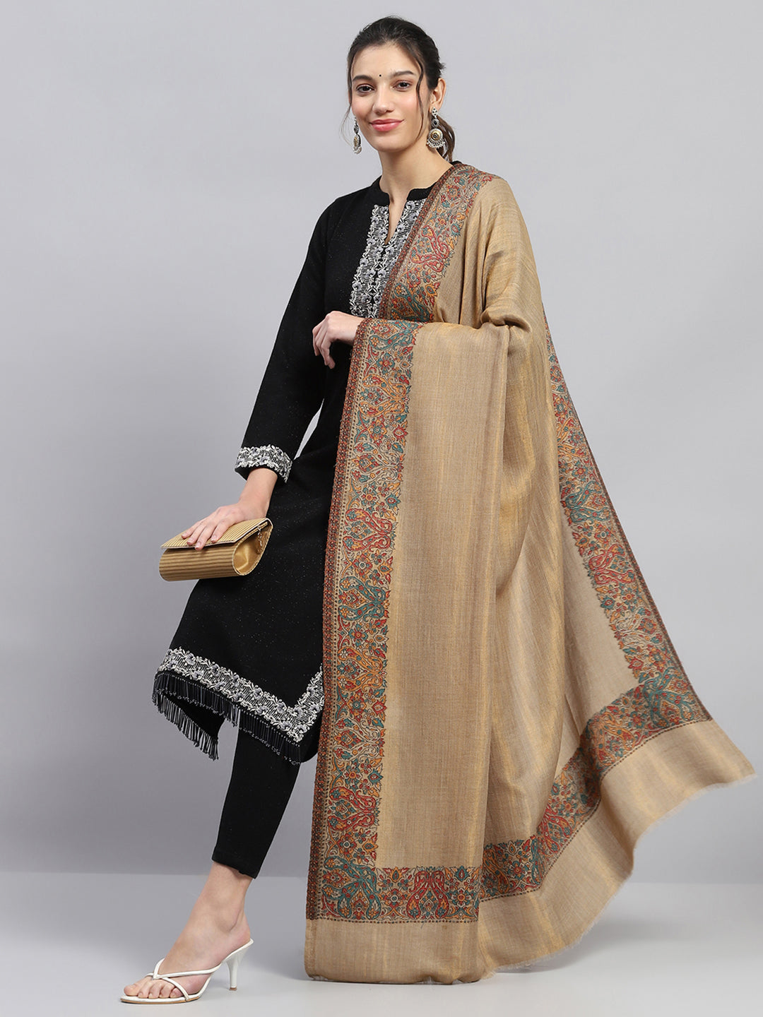 Women Beige Self Design Shawl