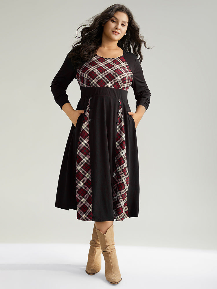 Christmas Plaid Patchwork Button Detail Dress