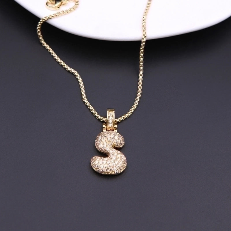 Copper Minimalist Shiny Plating Hollow Out Inlay Letter Zircon Pendant Necklace