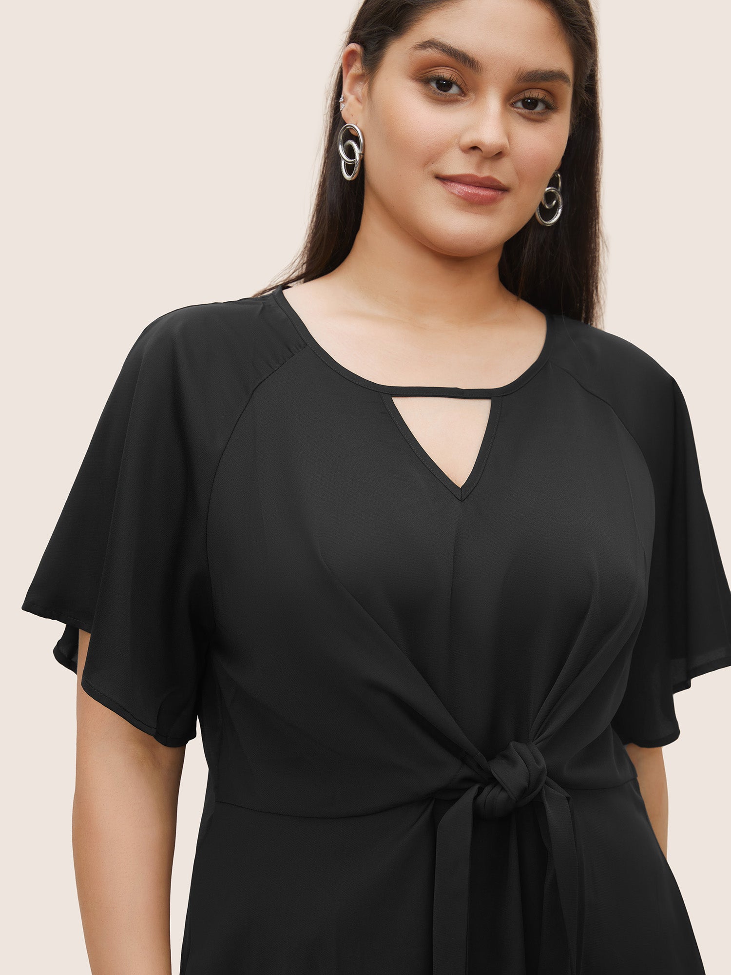 Plain Keyhole Knotted Front Ruffle Sleeve Blouse