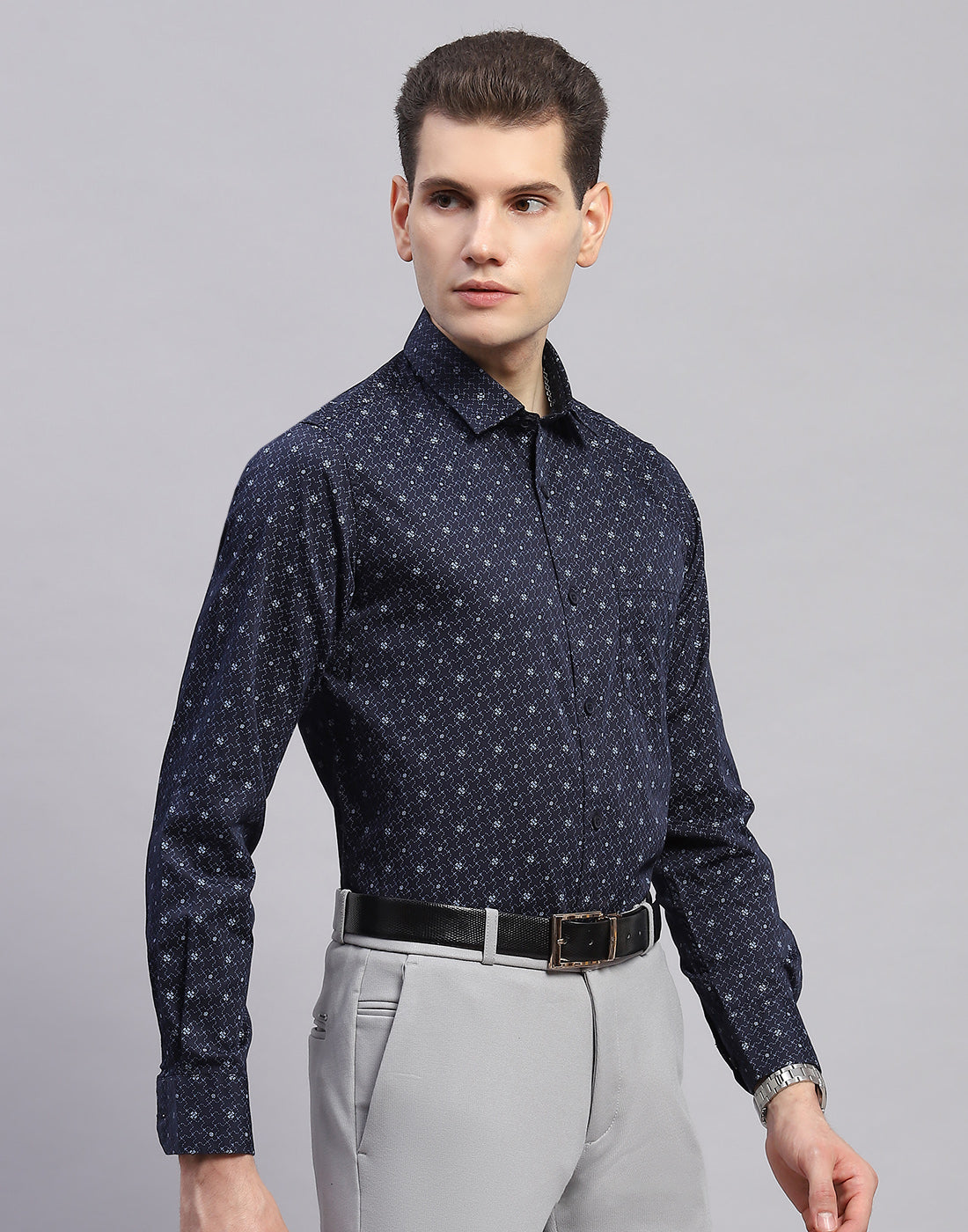 Men Navy Blue Printed Collar Full Sleeve Shirt