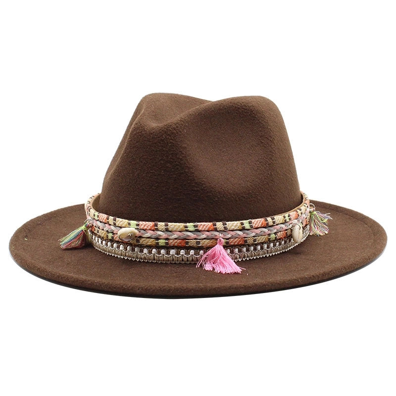 Hot Sale Woolen Hat Tassel Ethnic Style Jazz Hat Retro Flat Brim Big Brim Hat