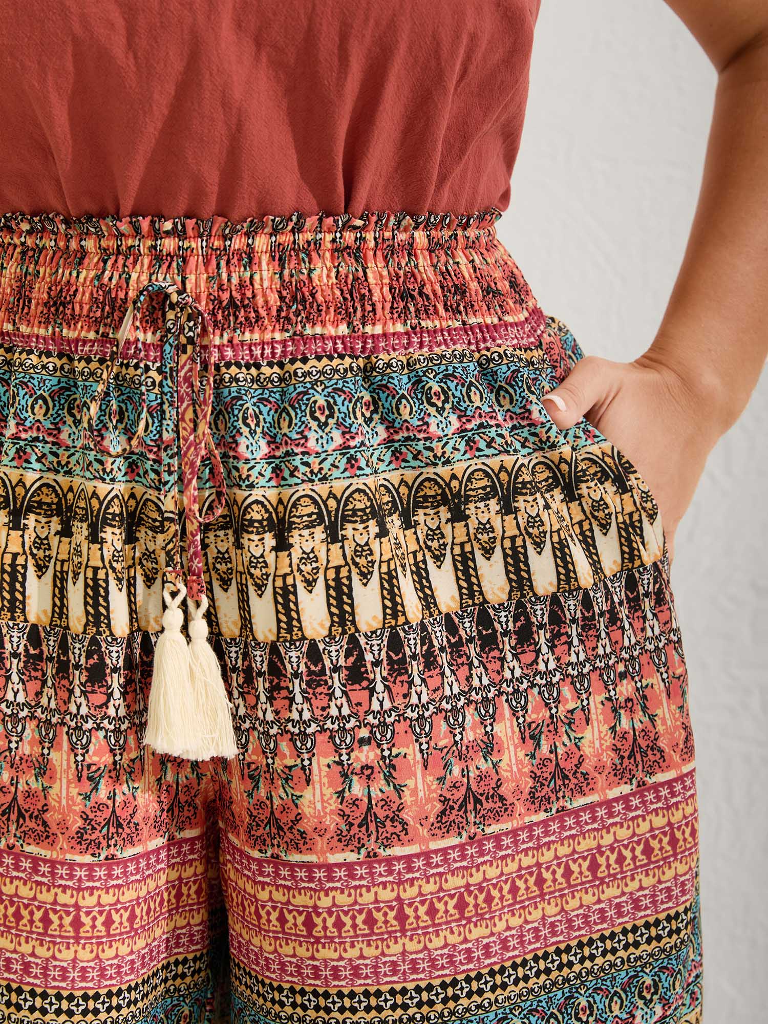 Boho Stripes Wide-Leg Shirred Pants
