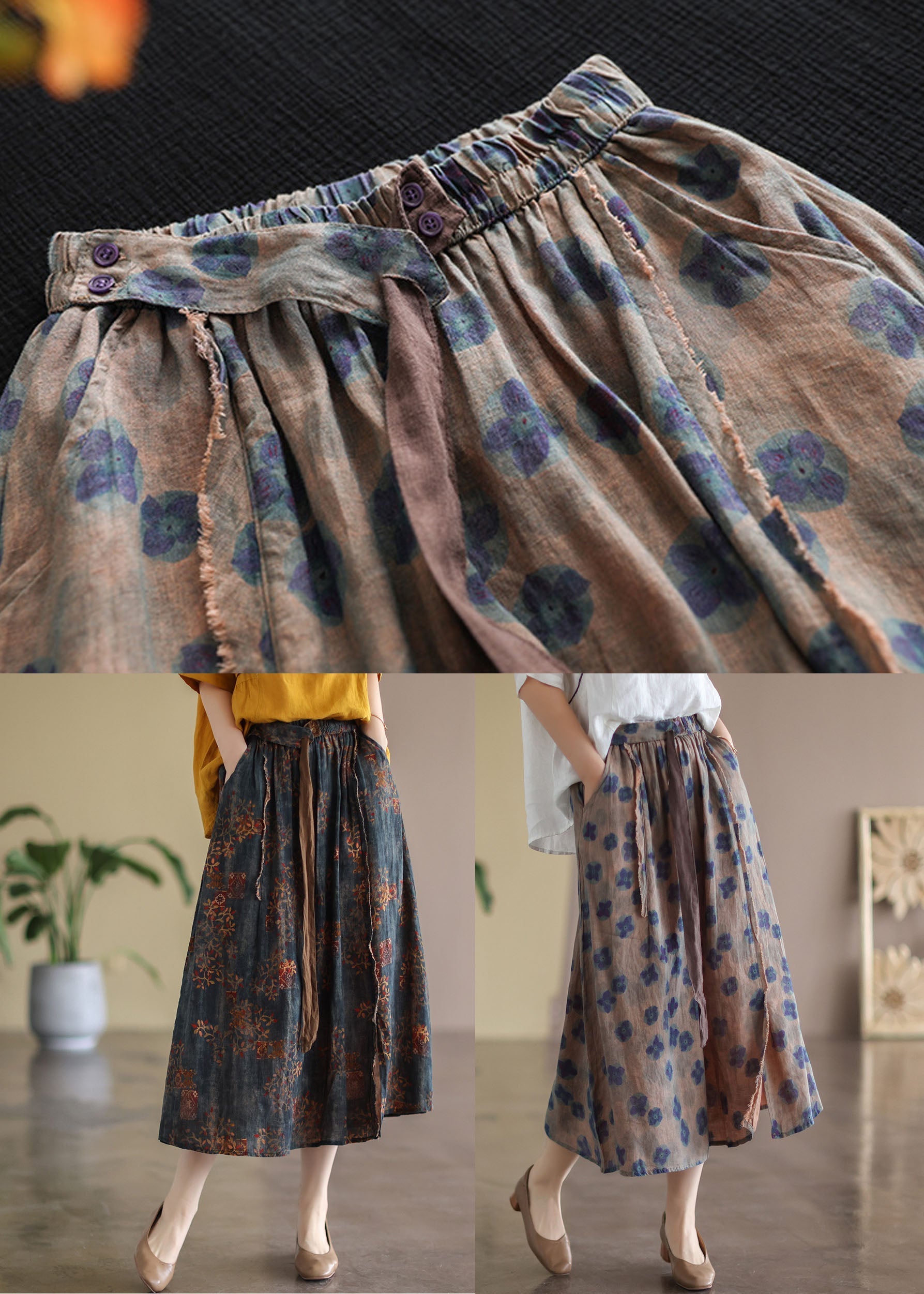 Bohemian Red geometry Elastic Waist Print Linen Skirts Summer