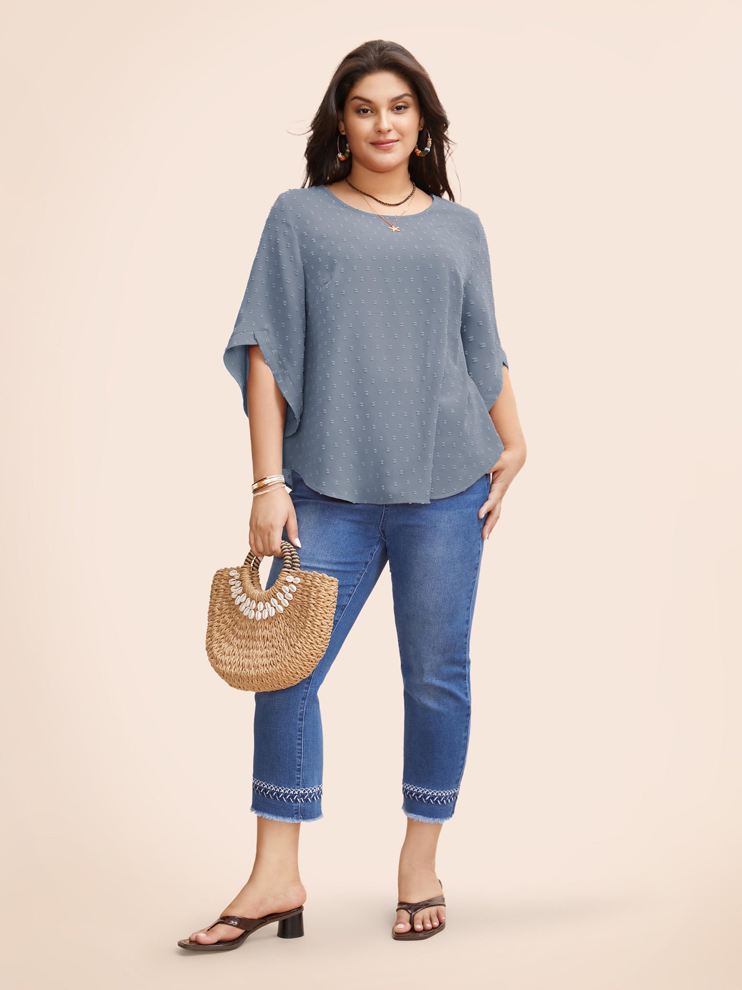 Textured Round Neck Bell Sleeve Blouse