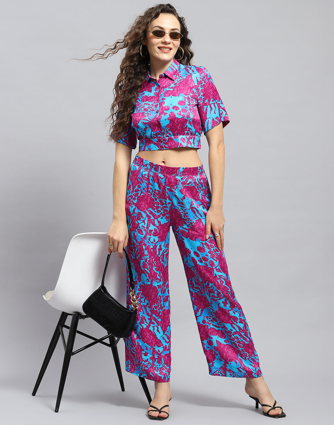 Women Magenta Printed Collar Half Sleeve Cords Set