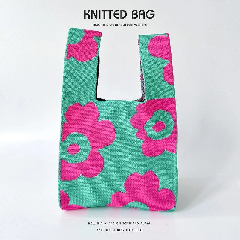 Women's Medium Knit Letter Flower Cute Vintage Style Square Open Handbag
