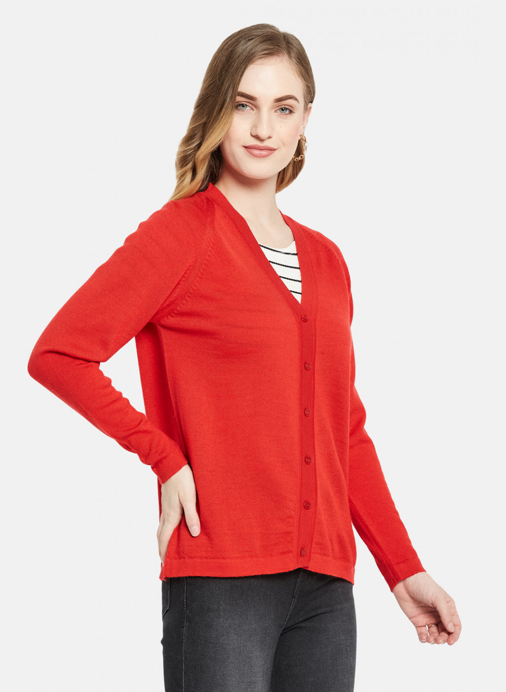 Women Red Solid Cardigan