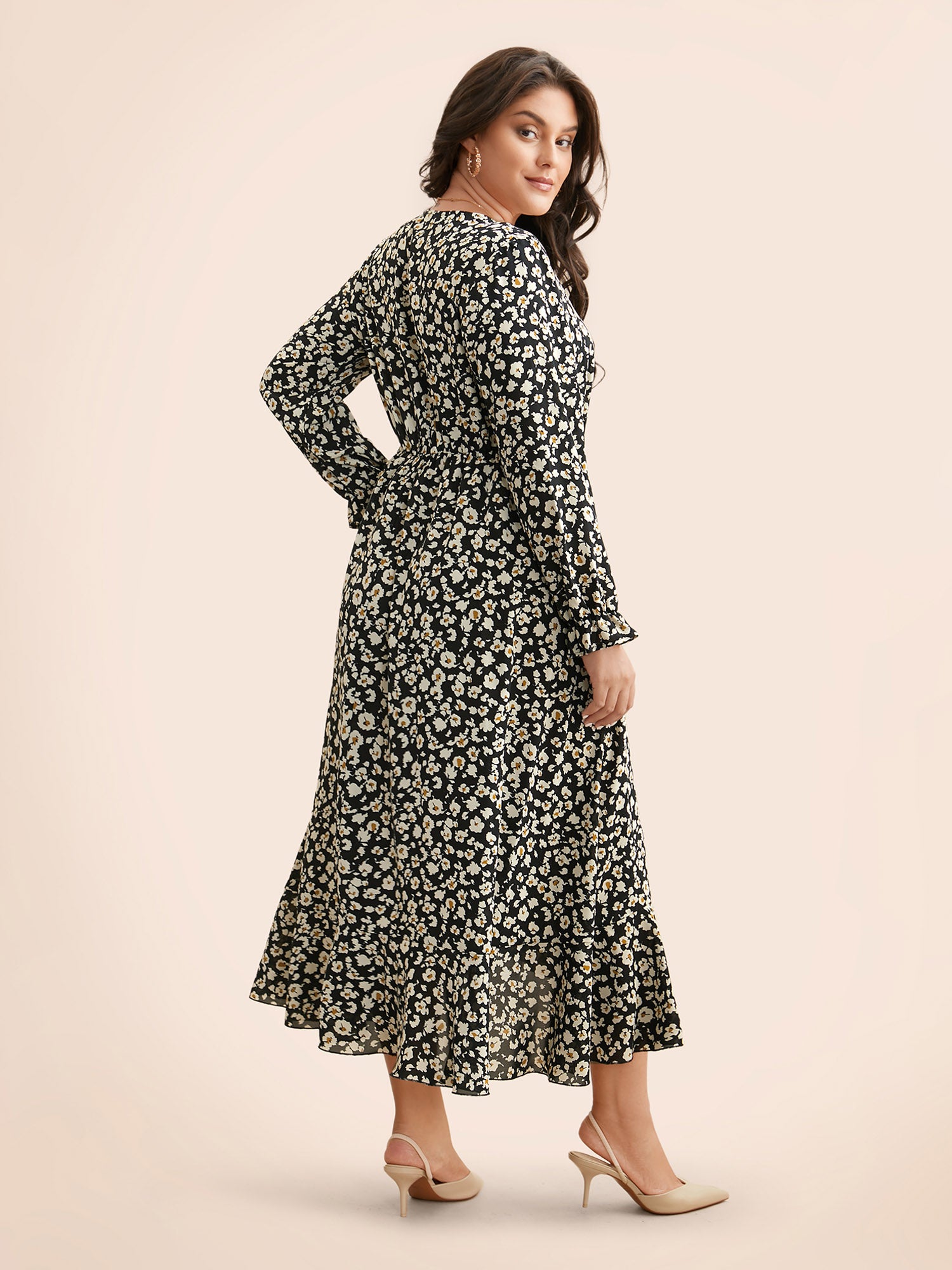 Ditsy Floral Overlap Collar Midi Dress