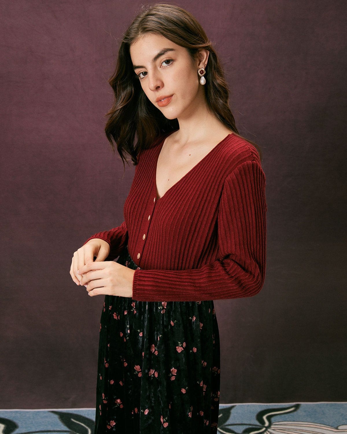 The Red V Neck Ribbed Long Sleeve Cardigan