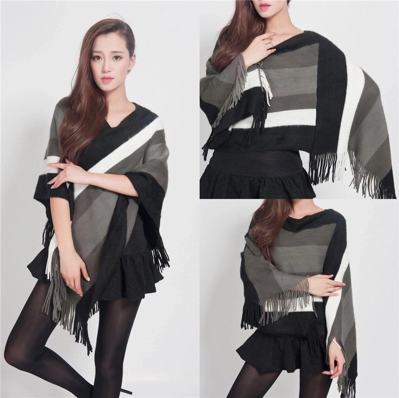 Women's Wear Tassel Pullover Midi Knitted Cloak Women's Winter Fashion Shawl Striped Sweater Coat