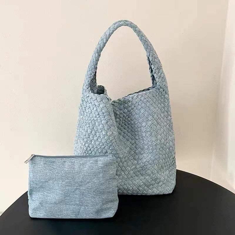 Women's Denim Solid Color Classic Style Weave Bucket Open Shoulder Bag