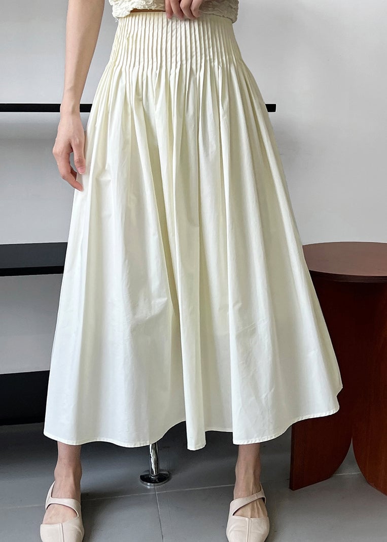 White Fine Cotton A Line Skirt High Waist Wrinkled Fall