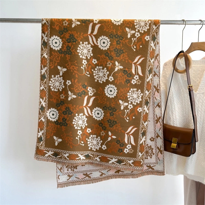 Women's Casual Retro Color Block Imitation Cashmere Flowers Scarf