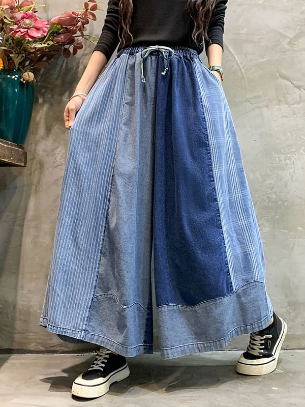 Loose  Drawstring Elasticity Plaid Split-Joint Ninth Jean Pants Bottoms