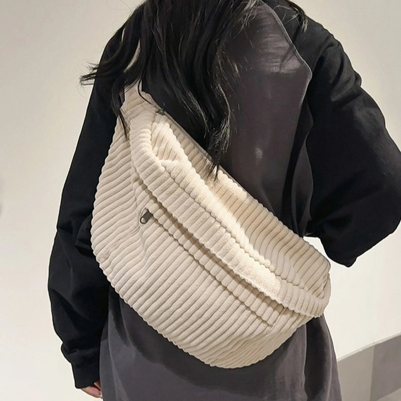 Unisex Corduroy Stripe Solid Color Basic Cloud Shape Zipper Shoulder Bag
