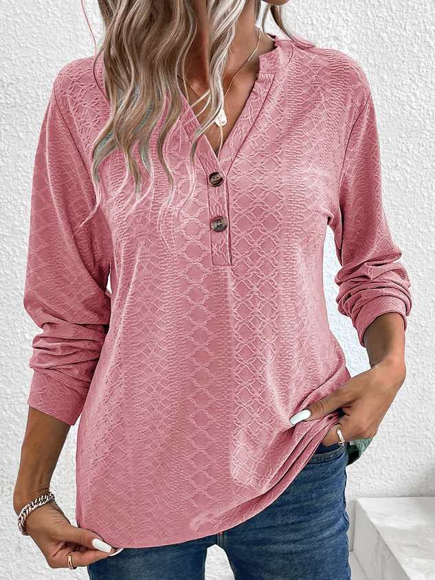 V Neck Long Sleeve Plain Jacquard Regular Medium Elasticity Loose Shirt For Women