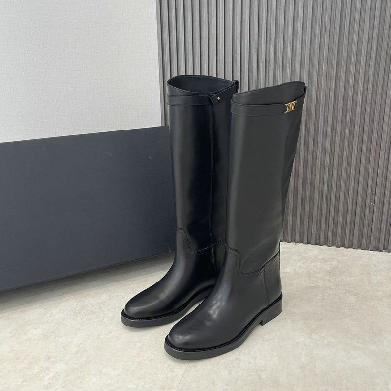 Riding Boots for Women In Cowhide Leather Round Toe Knee High Boots With Large Tube