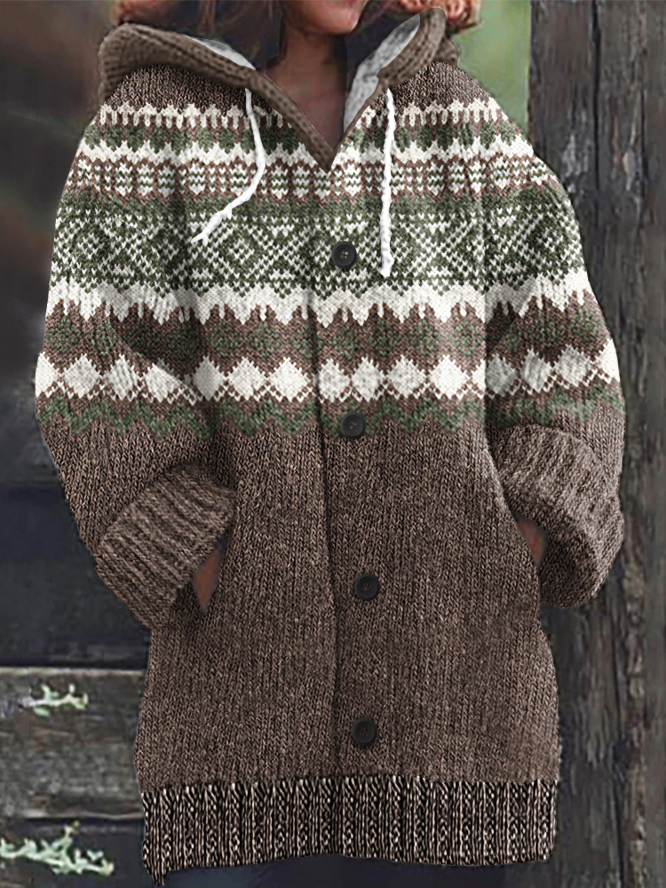 Vintage Tribal Icelandic Knitted Pattern Cozy Cardigan Sweater