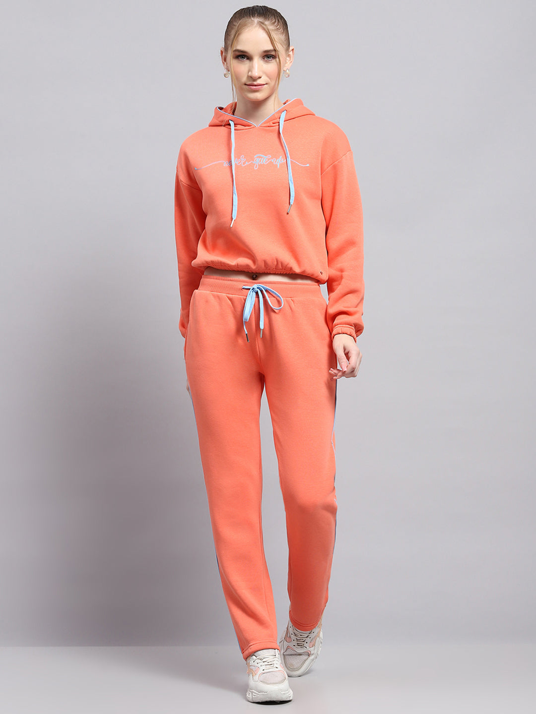 Women Peach Printed Hooded Full Sleeve Tracksuit