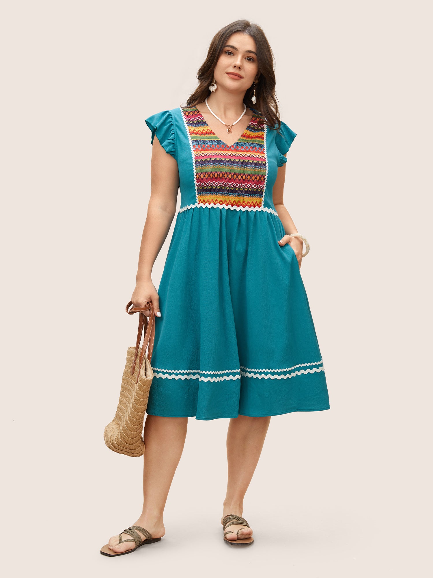 Color Embroidered Patchwork Flounce Sleeve Dress