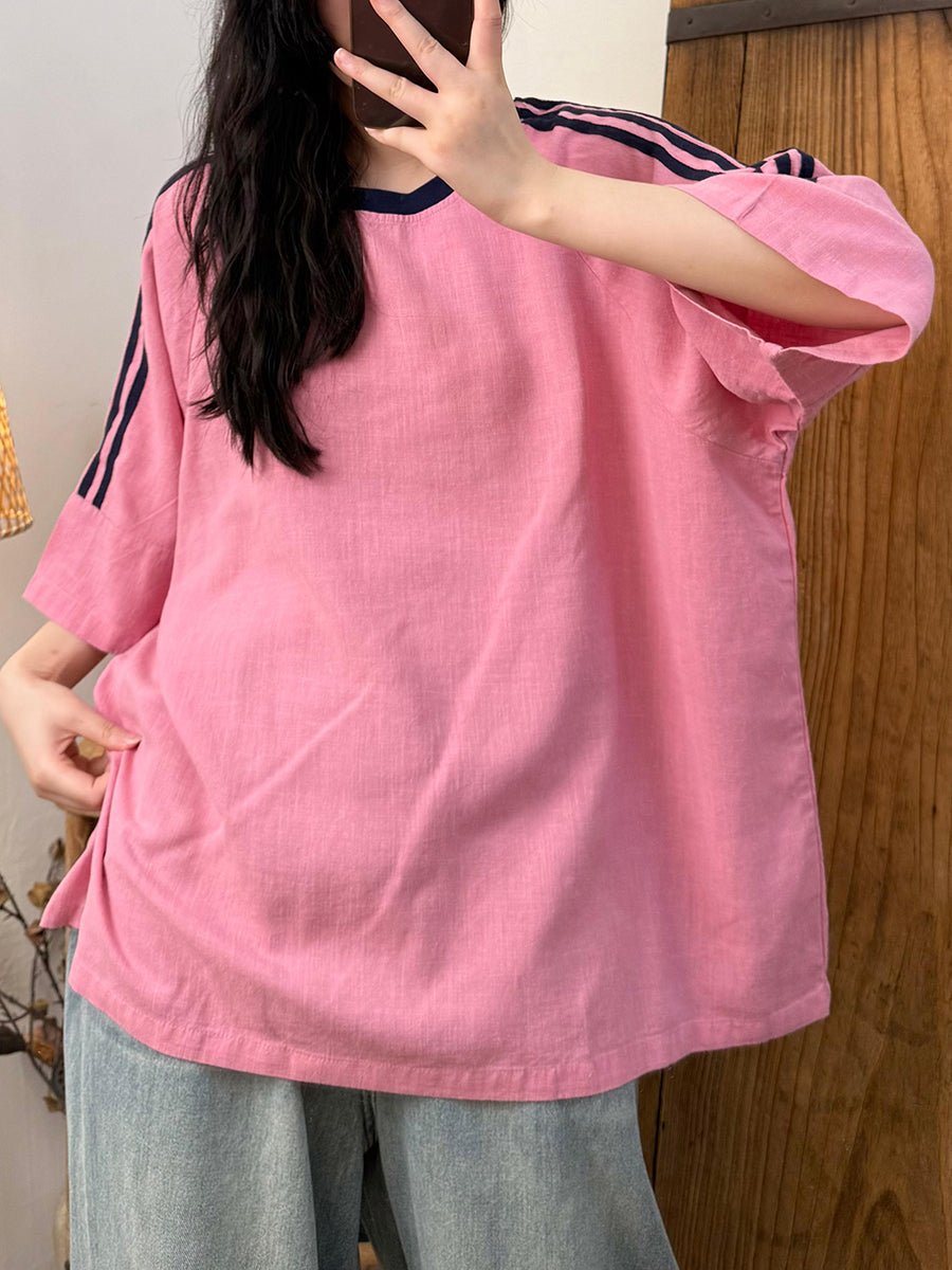 Women Summer Casual Srtipe Spliced O-Neck Linen Shirt