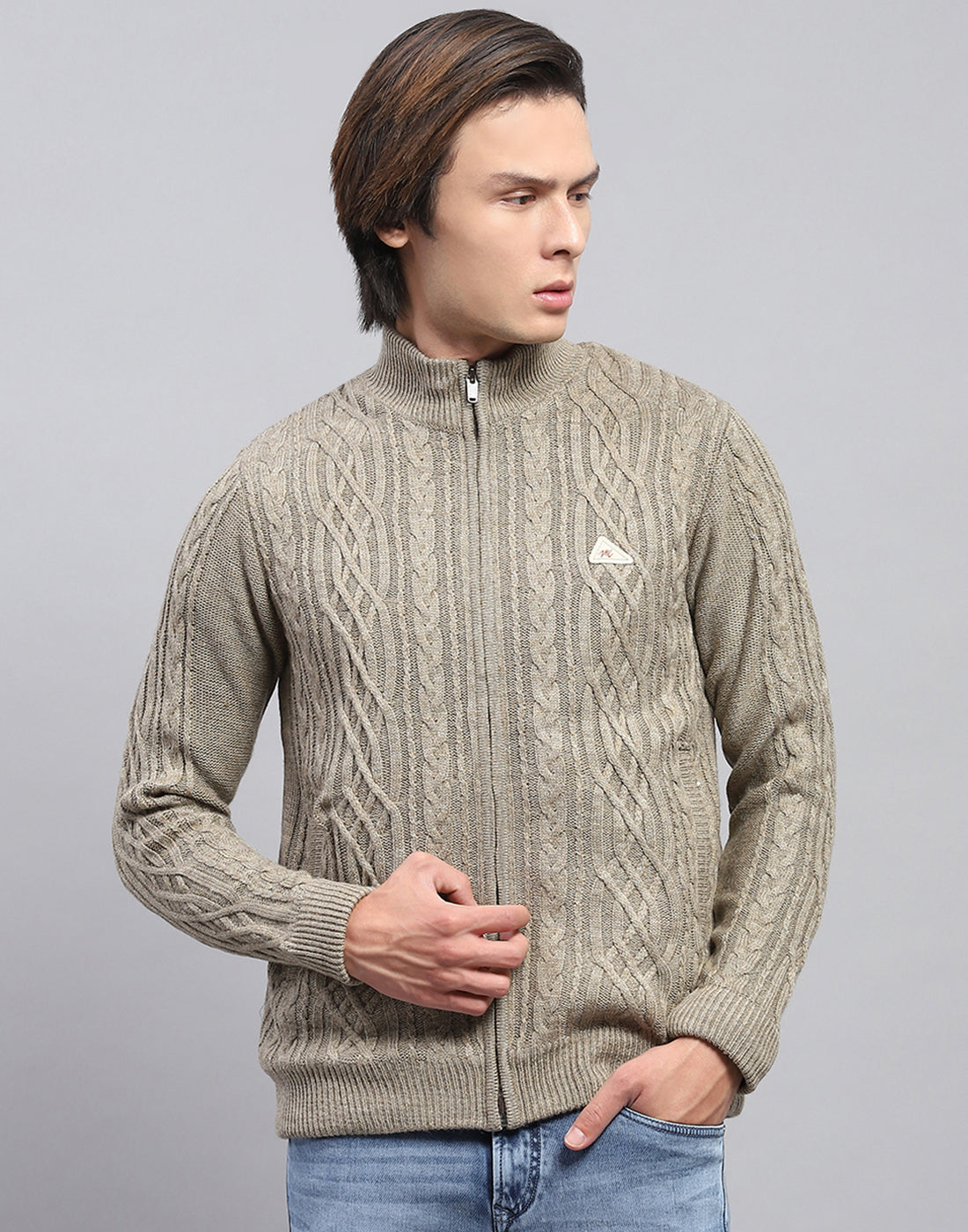 Men Beige Self Design Mock Neck Full Sleeve Jacket