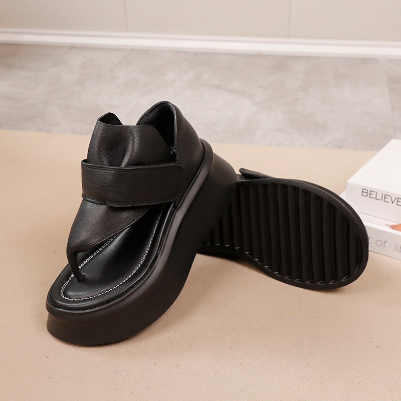 Cow Leather Platform Flip-Flop Sandals with Velcro Strap 55mm Thick Sole in Black