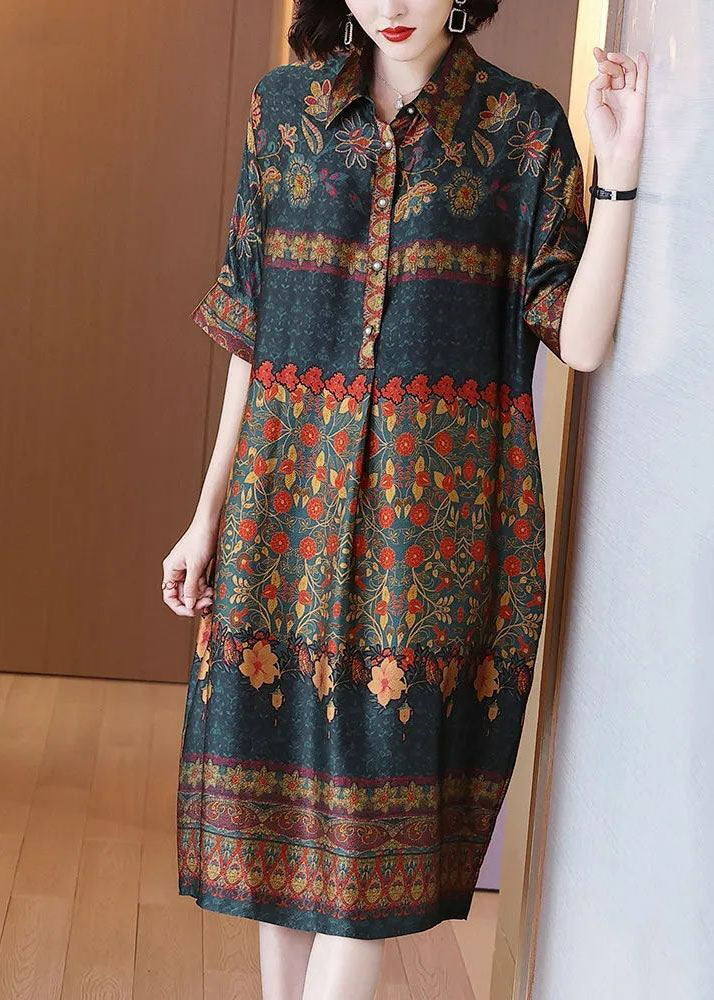 Peter Pan Collar Print Silk Maxi Dresses Summer