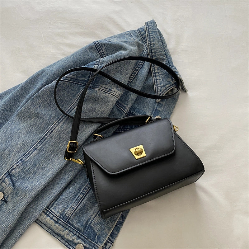 Women's Pu Leather Solid Color Basic Sewing Thread Square Lock Clasp Shoulder Bag Crossbody Bag