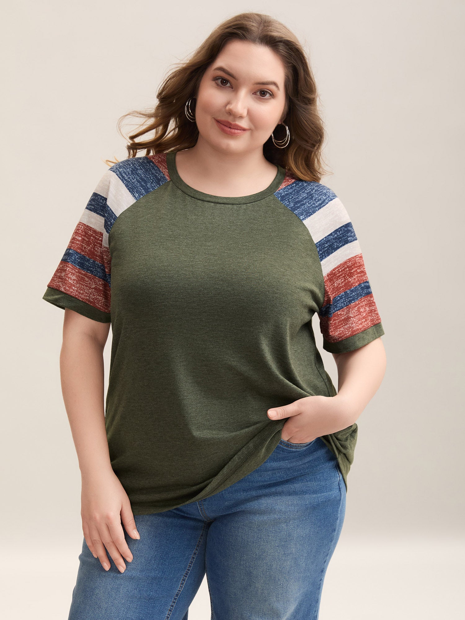 Striped Raglan Sleeve Plain T-Shirt