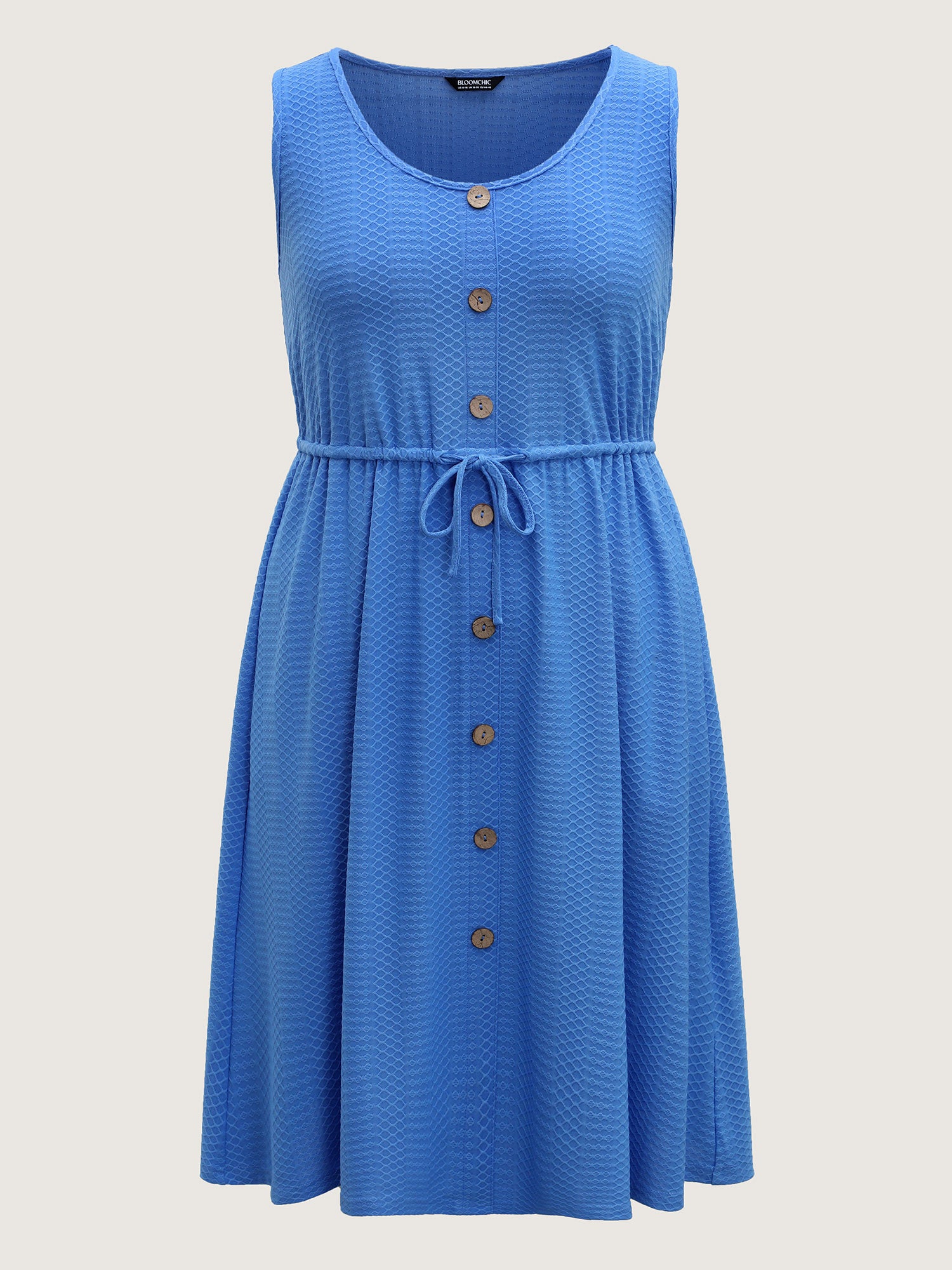 Textured Waist Drawstring Pockets Midi Dress