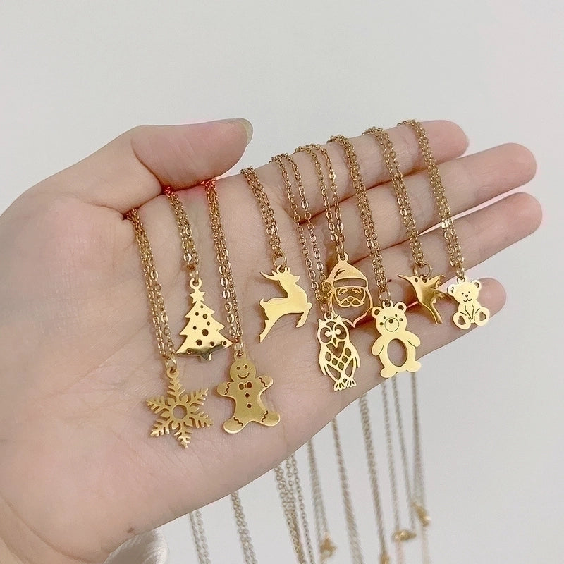 Minimalist Christmas Tree Santa Claus Gingerbread Titanium Steel Plating Hollow Out Pendant Necklace