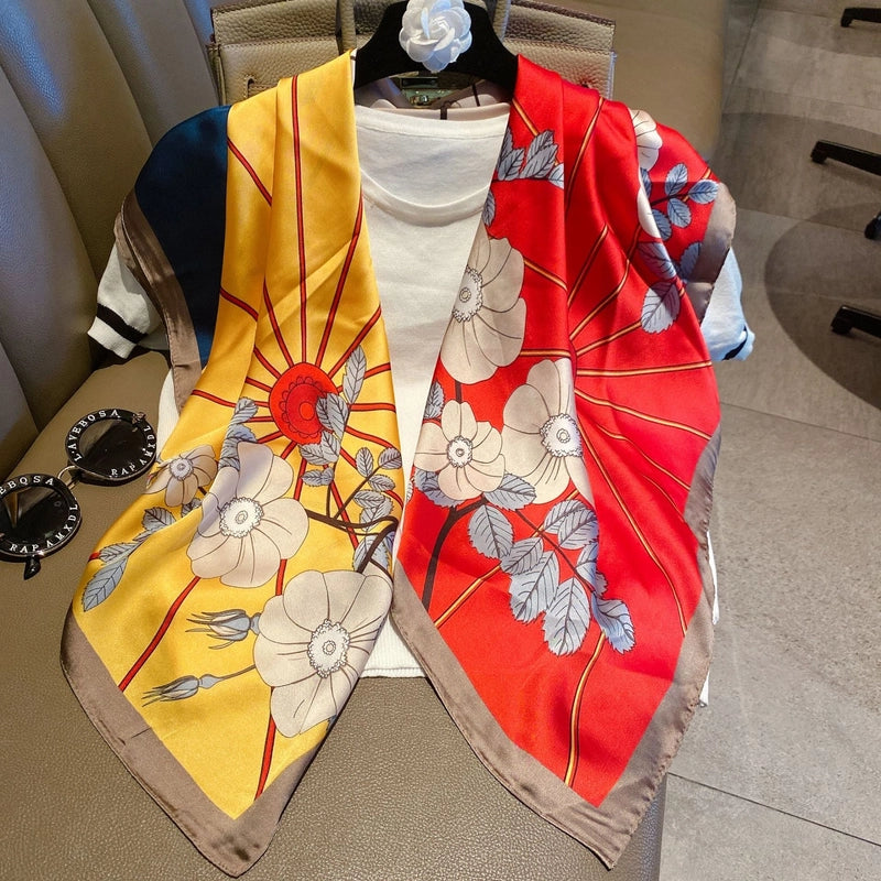 Women's IG Style Elegant Stripe Flower Chains Print Satin Printing Silk Scarf