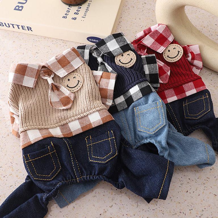 Smile Face Plaid Tie Decor Dog Jumpsuits