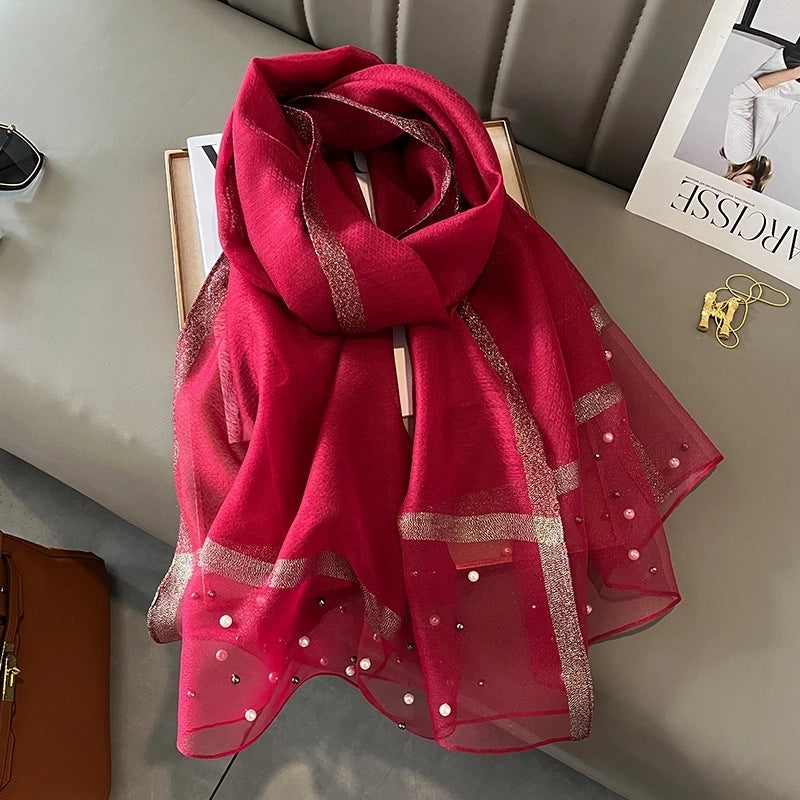 Women's Minimalist Color Block Satin Pearl Silk Scarf