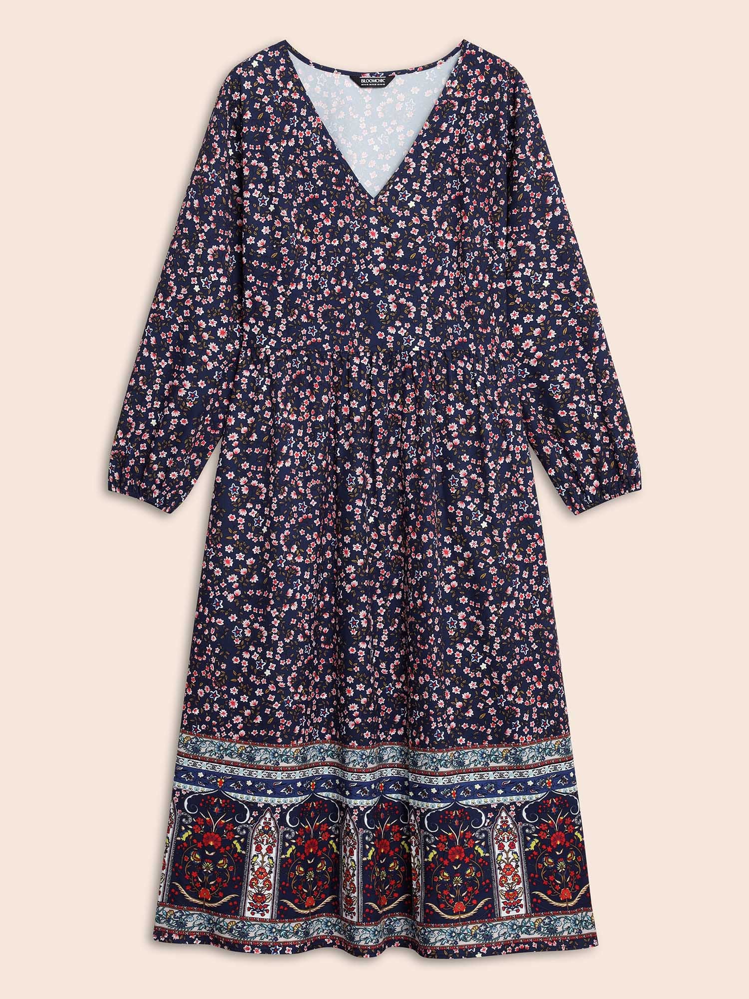 Boho Print Lantern Sleeve Midi Dress
