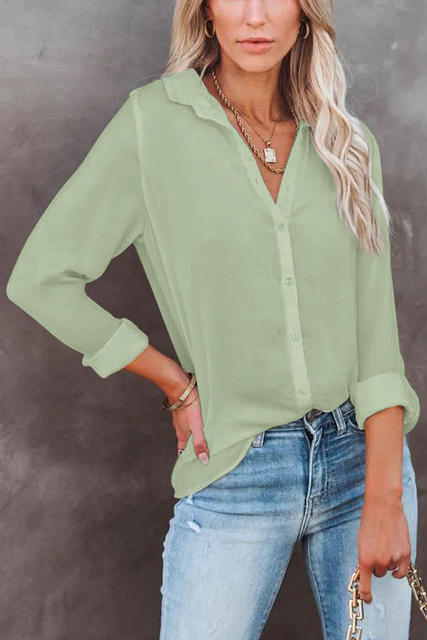 Casual Loose Long Sleeve Button V Neck Shirt Top