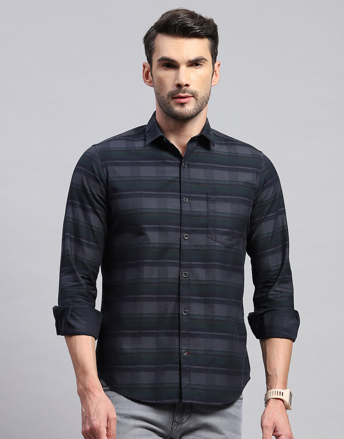 Men Grey Check Collar Neck Full Sleeve Shirt