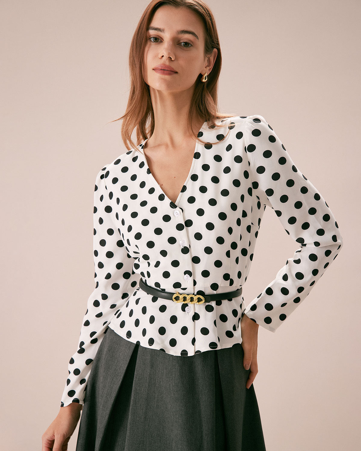 The White V Neck Button Polka Dot Blouse