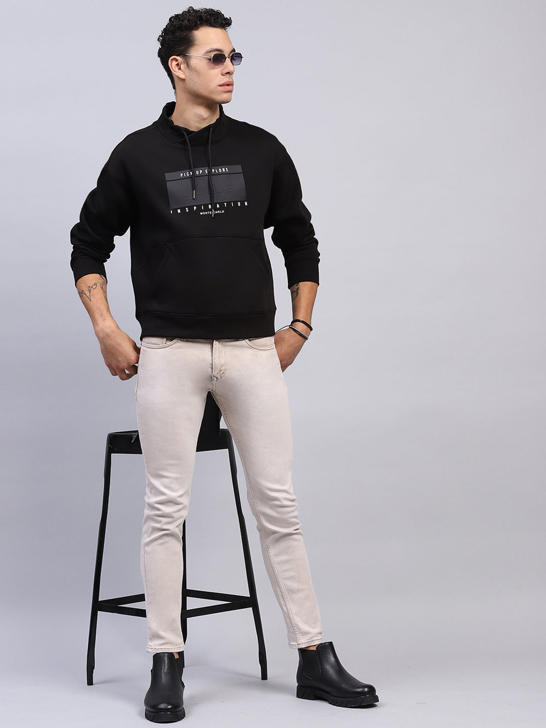 Men Black Printed Mock Neck Full Sleeve Sweatshirt