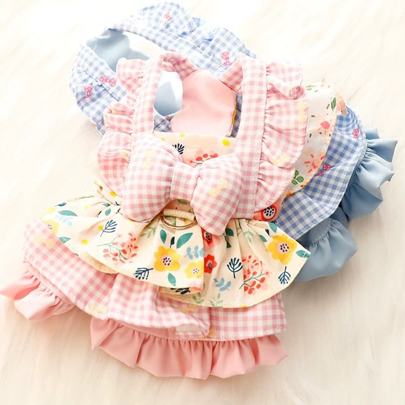 Floral Plaid Ruffled Dog Cat Dress Harness