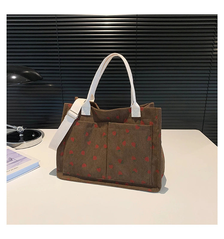 Women's Large Corduroy Solid Color Strawberry Basic Classic Style Square Zipper Tote Bag